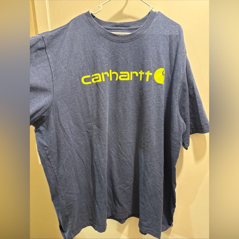 Carhartt Men's Navy Blue Tee with Yellow Logo loose fit